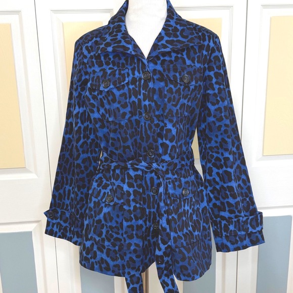 Linea by Louis Dell'Olio Jackets & Blazers - Linea by Louis Dell'Olio Blue Black Leopard Print Belted Trench Jacket Women's S